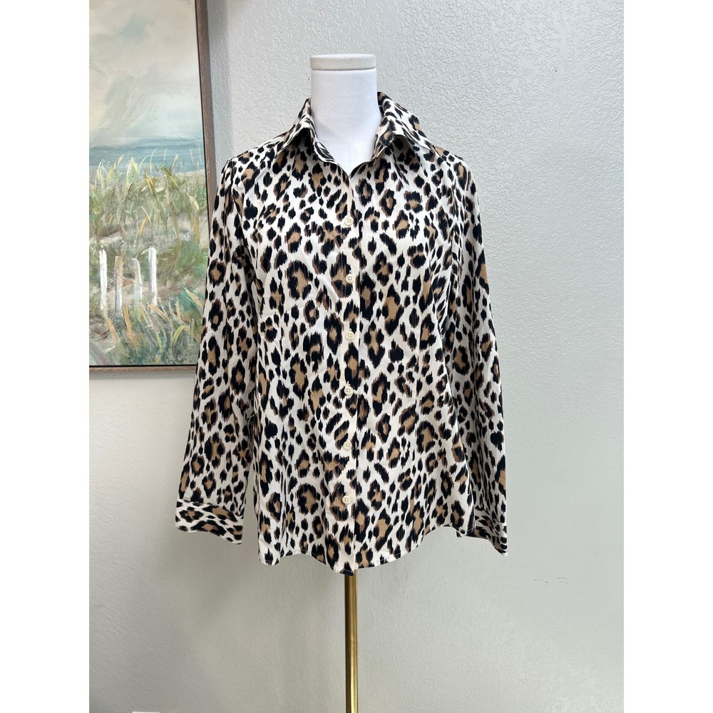 Chicos No Iron Cotton Leopard Print Button Down Shirt Size 0 S